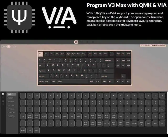 Alt view image 2 of 7 - Keychron V3 Max Wireless Custom Knob Mechanical Keyboard, QMK/VIA Programmable 80% Layout Bluetooth 5.1/2.4 GHz/Wired RGB with Hot-swappable Gateron Jupiter Brown Switch Compatible with Mac Windows