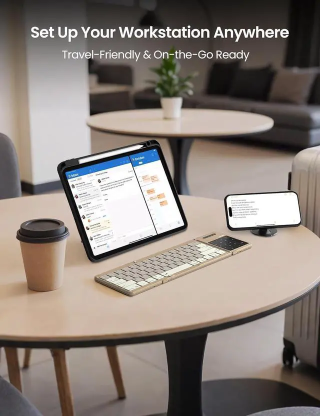 Alt view image 6 of 7 - Nillkin Foldable Travel Keyborad with Touchpad & Number Pad, Bluetooth Wireless Portable Folding Full Size Keyboard with Trackpad for PC Laptop iPad Tablets Smartphone, Silicone Leather Cover, Khaki