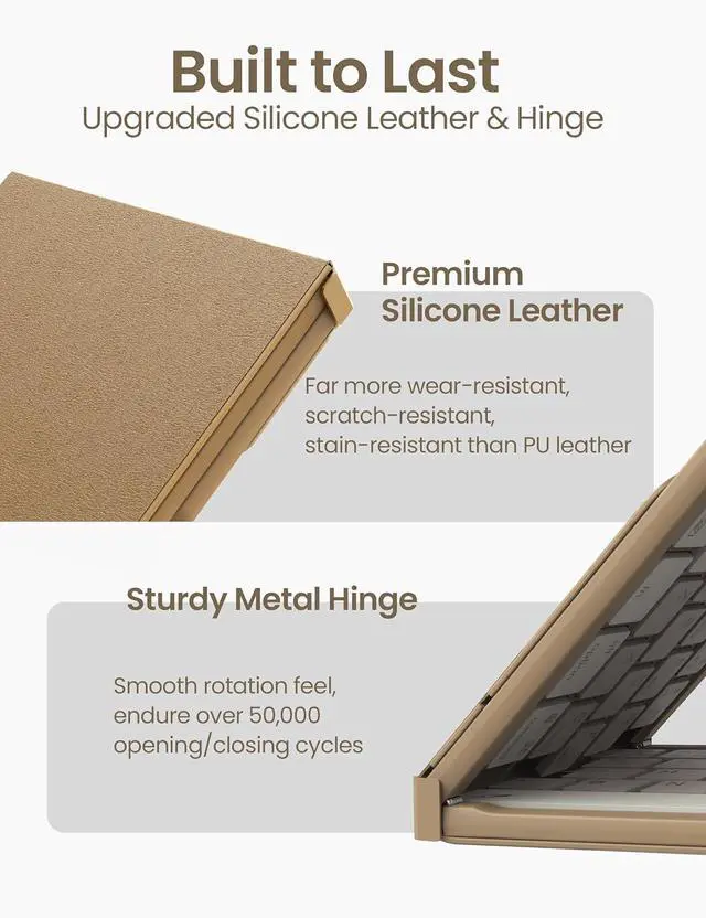 Alt view image 7 of 7 - Nillkin Foldable Travel Keyborad with Touchpad & Number Pad, Bluetooth Wireless Portable Folding Full Size Keyboard with Trackpad for PC Laptop iPad Tablets Smartphone, Silicone Leather Cover, Khaki