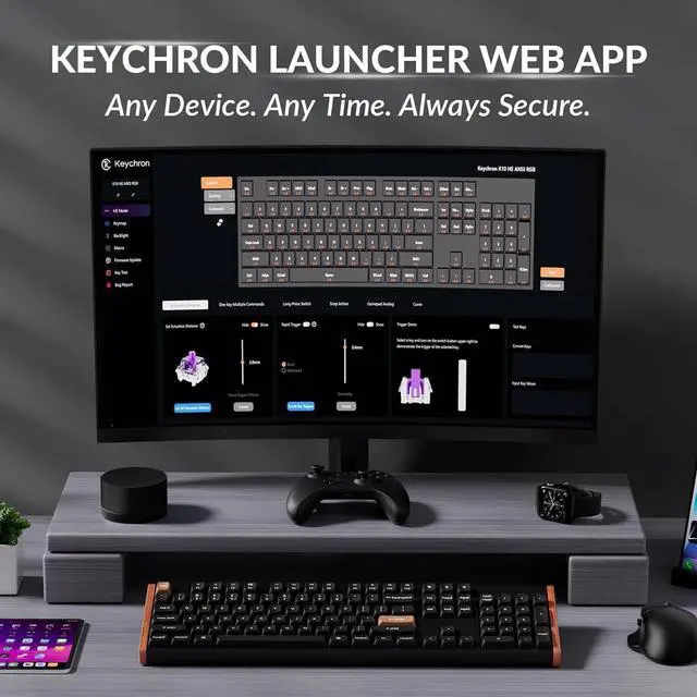 Alt view image 2 of 7 - Keychron K10 HE Full Size Custom Mechanical Gaming Keyboard, Wood Frames with RGB Hot-Swappable Hall Effect Gateron Double-Rail Magnetic Nebula Switch, 2.4 GHz/Bluetooth/Wired - Carbon Black