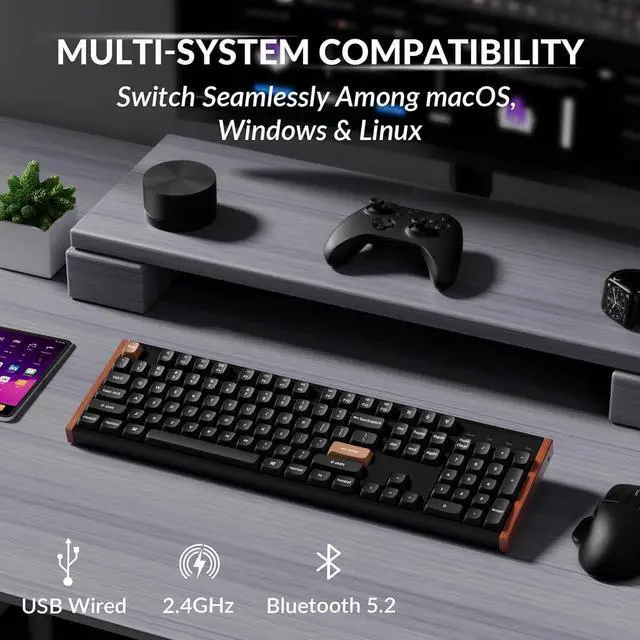 Alt view image 3 of 7 - Keychron K10 HE Full Size Custom Mechanical Gaming Keyboard, Wood Frames with RGB Hot-Swappable Hall Effect Gateron Double-Rail Magnetic Nebula Switch, 2.4 GHz/Bluetooth/Wired - Carbon Black