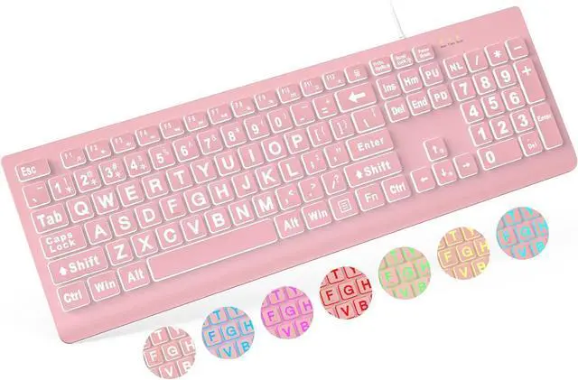 Main image of SABLUTE Large Print Backlit Keyboard, Wired USB Lighted Computer Keyboards with 7-Color & 4 Modes Backlit, Oversize Letters Keys Easy to See and Type, Quiet Keyboard Compatible for PC, Laptop -Pink