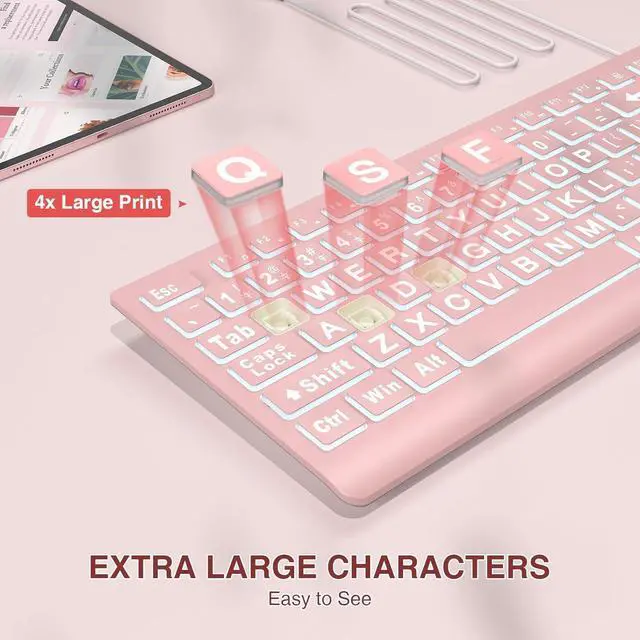 Alt view image 2 of 7 - SABLUTE Large Print Backlit Keyboard, Wired USB Lighted Computer Keyboards with 7-Color & 4 Modes Backlit, Oversize Letters Keys Easy to See and Type, Quiet Keyboard Compatible for PC, Laptop -Pink
