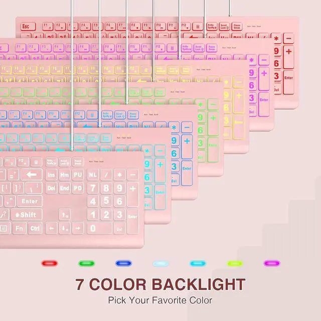 Alt view image 4 of 7 - SABLUTE Large Print Backlit Keyboard, Wired USB Lighted Computer Keyboards with 7-Color & 4 Modes Backlit, Oversize Letters Keys Easy to See and Type, Quiet Keyboard Compatible for PC, Laptop -Pink