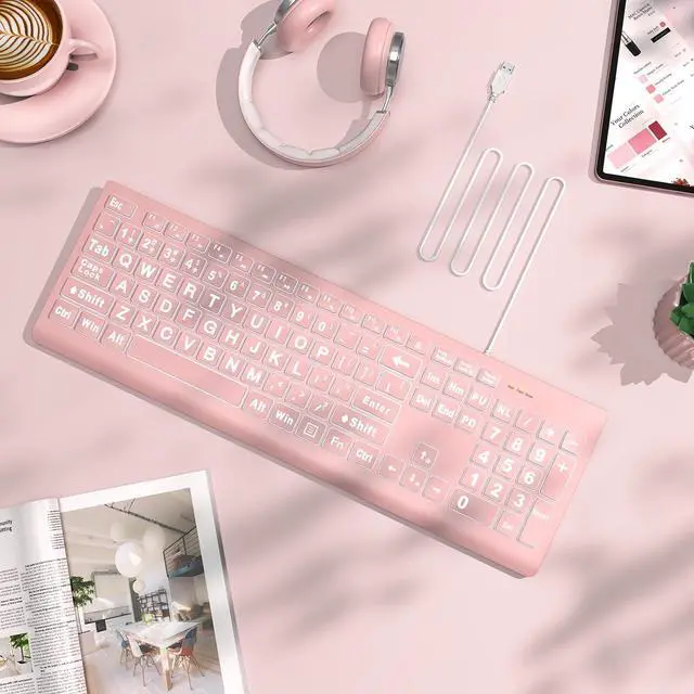 Alt view image 5 of 7 - SABLUTE Large Print Backlit Keyboard, Wired USB Lighted Computer Keyboards with 7-Color & 4 Modes Backlit, Oversize Letters Keys Easy to See and Type, Quiet Keyboard Compatible for PC, Laptop -Pink