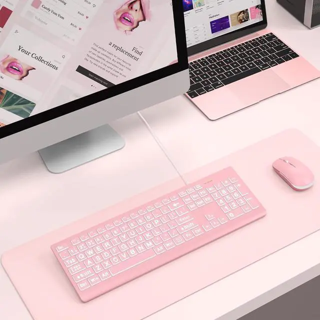 Alt view image 6 of 7 - SABLUTE Large Print Backlit Keyboard, Wired USB Lighted Computer Keyboards with 7-Color & 4 Modes Backlit, Oversize Letters Keys Easy to See and Type, Quiet Keyboard Compatible for PC, Laptop -Pink