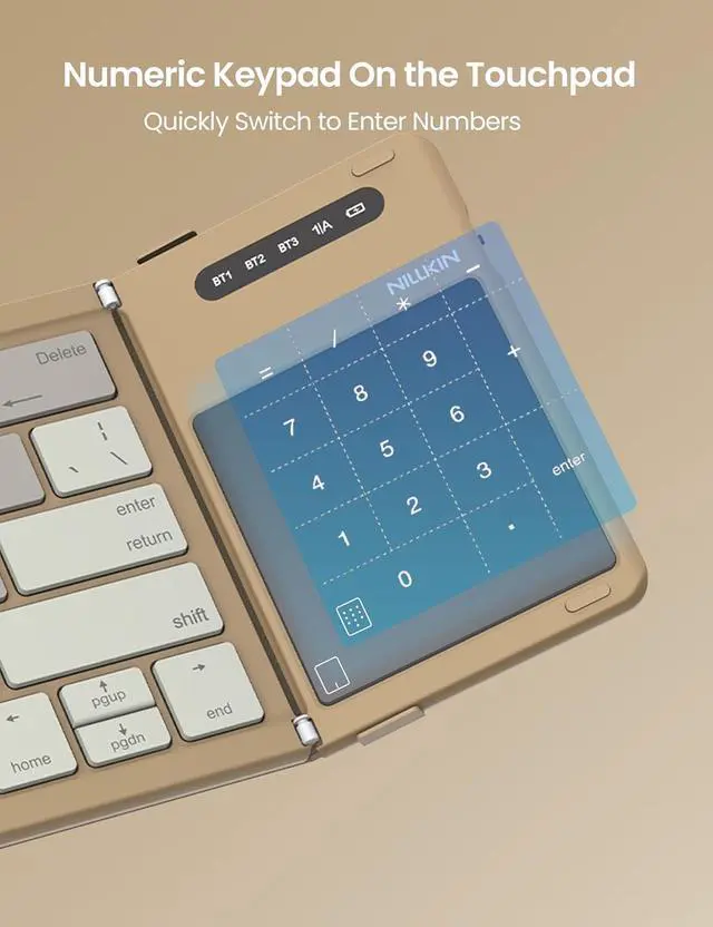 Alt view image 5 of 7 - Nillkin Foldable Travel Keyborad with Touchpad & Number Pad, Bluetooth Wireless Portable Folding Full Size Keyboard with Trackpad for PC Laptop iPad Tablets Smartphone, Silicone Leather Cover, Khaki