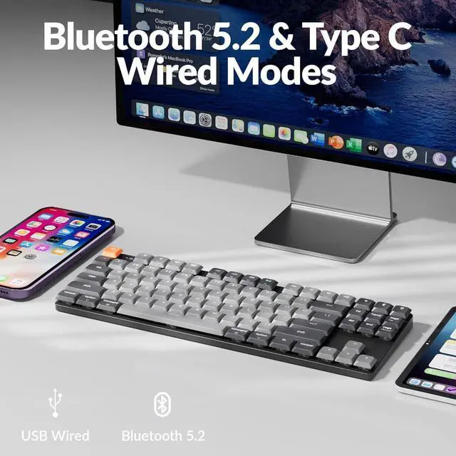 Alt view image 3 of 7 - Keychron New K1 Ultra-Slim Wireless Bluetooth/Wired Mechanical Keyboard, TKL Layout, White LED Backlight, Keychron Low-Profile Mechanical Banana Switch for Mac/Windows/Linux(Version 6)