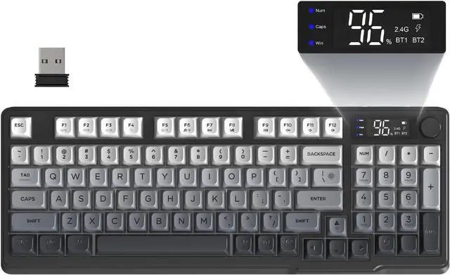 Main image of FREEWOLF M96 Wireless Gaming Keyboard Creamy Membrane with Rainbow Backlight,Media Knob,LCD Screen,Dual Mode-Bluetooth/2.4Ghz,Ball Shape PBT Keycap 94 Key ANSI Layout for Win Mac PC Gamer(Moonlight)