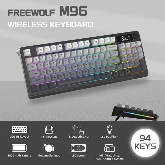 Alt view image 2 of 7 - FREEWOLF M96 Wireless Gaming Keyboard Creamy Membrane with Rainbow Backlight,Media Knob,LCD Screen,Dual Mode-Bluetooth/2.4Ghz,Ball Shape PBT Keycap 94 Key ANSI Layout for Win Mac PC Gamer(Moonlight)
