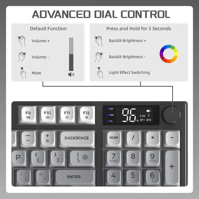 Alt view image 4 of 7 - FREEWOLF M96 Wireless Gaming Keyboard Creamy Membrane with Rainbow Backlight,Media Knob,LCD Screen,Dual Mode-Bluetooth/2.4Ghz,Ball Shape PBT Keycap 94 Key ANSI Layout for Win Mac PC Gamer(Moonlight)
