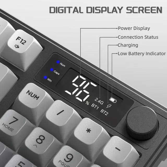 Alt view image 5 of 7 - FREEWOLF M96 Wireless Gaming Keyboard Creamy Membrane with Rainbow Backlight,Media Knob,LCD Screen,Dual Mode-Bluetooth/2.4Ghz,Ball Shape PBT Keycap 94 Key ANSI Layout for Win Mac PC Gamer(Moonlight)