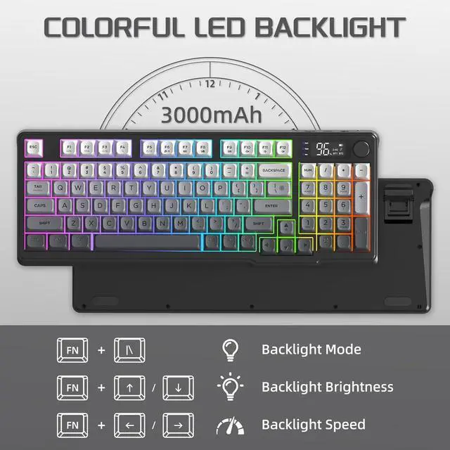 Alt view image 6 of 7 - FREEWOLF M96 Wireless Gaming Keyboard Creamy Membrane with Rainbow Backlight,Media Knob,LCD Screen,Dual Mode-Bluetooth/2.4Ghz,Ball Shape PBT Keycap 94 Key ANSI Layout for Win Mac PC Gamer(Moonlight)