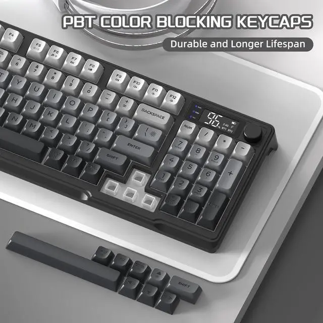Alt view image 7 of 7 - FREEWOLF M96 Wireless Gaming Keyboard Creamy Membrane with Rainbow Backlight,Media Knob,LCD Screen,Dual Mode-Bluetooth/2.4Ghz,Ball Shape PBT Keycap 94 Key ANSI Layout for Win Mac PC Gamer(Moonlight)