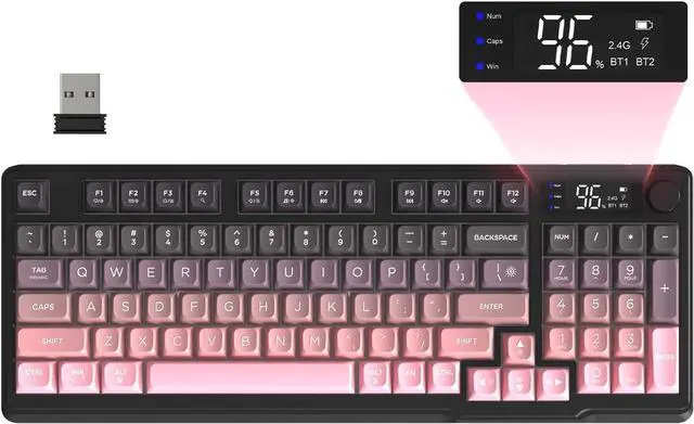 Main image of FREEWOLF M96 Wireless Gaming Keyboard Creamy Membrane with Rainbow Backlight,Media Knob,LCD Screen,Dual Mode-Bluetooth/2.4Ghz,Ball Shape PBT Keycap 94 Key ANSI Layout for Win Mac PC Gamer(BlackBerry)