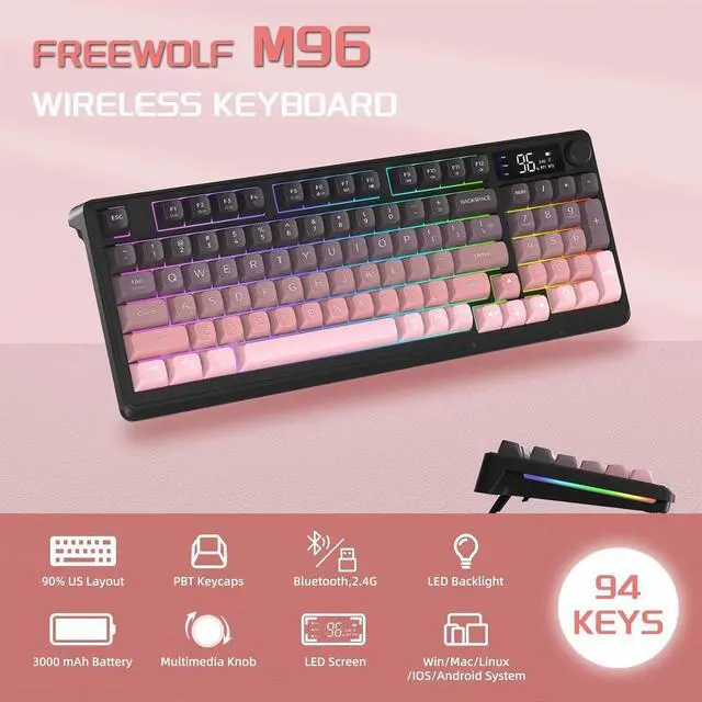 Alt view image 2 of 7 - FREEWOLF M96 Wireless Gaming Keyboard Creamy Membrane with Rainbow Backlight,Media Knob,LCD Screen,Dual Mode-Bluetooth/2.4Ghz,Ball Shape PBT Keycap 94 Key ANSI Layout for Win Mac PC Gamer(BlackBerry)