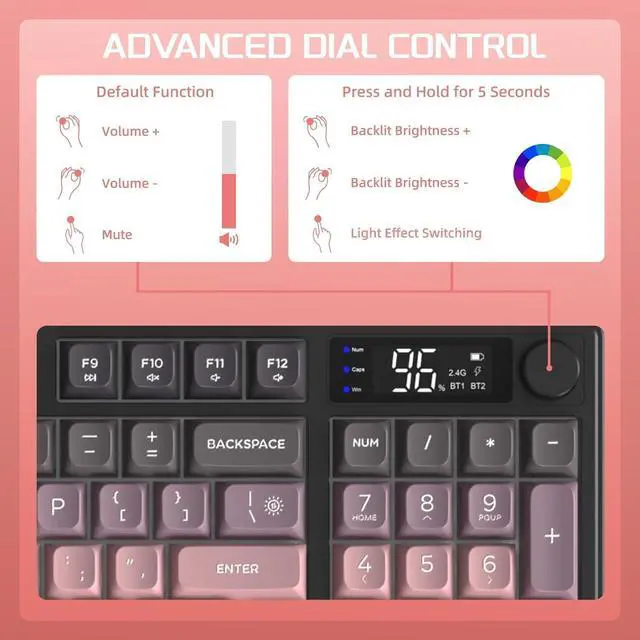 Alt view image 4 of 7 - FREEWOLF M96 Wireless Gaming Keyboard Creamy Membrane with Rainbow Backlight,Media Knob,LCD Screen,Dual Mode-Bluetooth/2.4Ghz,Ball Shape PBT Keycap 94 Key ANSI Layout for Win Mac PC Gamer(BlackBerry)