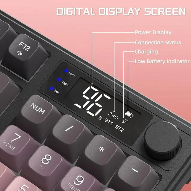 Alt view image 5 of 7 - FREEWOLF M96 Wireless Gaming Keyboard Creamy Membrane with Rainbow Backlight,Media Knob,LCD Screen,Dual Mode-Bluetooth/2.4Ghz,Ball Shape PBT Keycap 94 Key ANSI Layout for Win Mac PC Gamer(BlackBerry)