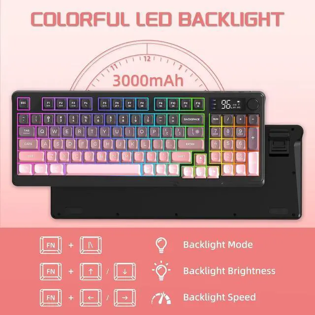 Alt view image 6 of 7 - FREEWOLF M96 Wireless Gaming Keyboard Creamy Membrane with Rainbow Backlight,Media Knob,LCD Screen,Dual Mode-Bluetooth/2.4Ghz,Ball Shape PBT Keycap 94 Key ANSI Layout for Win Mac PC Gamer(BlackBerry)
