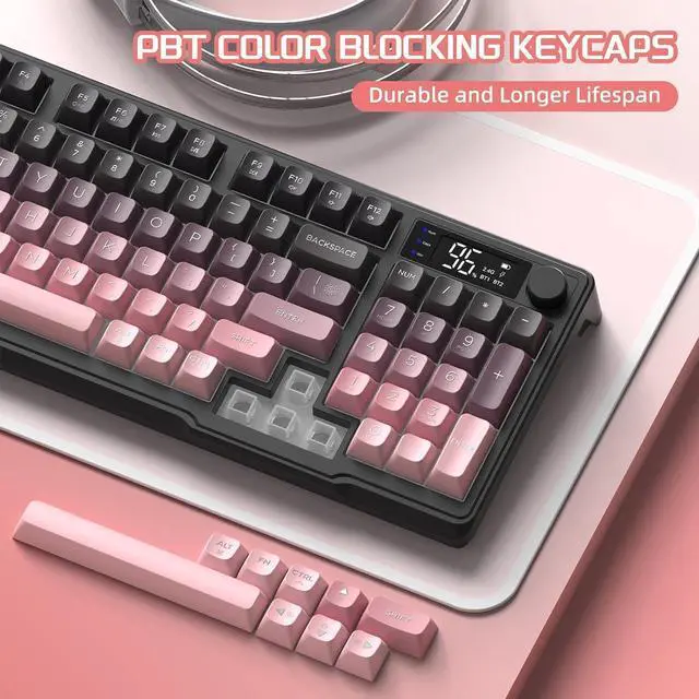 Alt view image 7 of 7 - FREEWOLF M96 Wireless Gaming Keyboard Creamy Membrane with Rainbow Backlight,Media Knob,LCD Screen,Dual Mode-Bluetooth/2.4Ghz,Ball Shape PBT Keycap 94 Key ANSI Layout for Win Mac PC Gamer(BlackBerry)