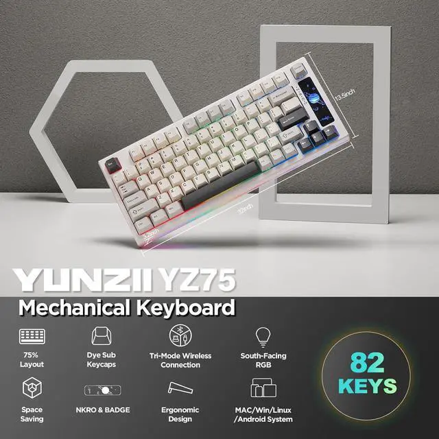 Alt view image 2 of 7 - YUNZII YZ75 75% Hot Swappable Wireless Gaming Mechanical Keyboard, RGB Backlights, BT5.0/2.4G/USB-C, Dye Sub PBT Keycaps for Linux/Win/Mac (White, Gateron G Pro Yellow)
