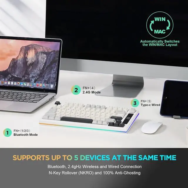 Alt view image 3 of 7 - YUNZII YZ75 75% Hot Swappable Wireless Gaming Mechanical Keyboard, RGB Backlights, BT5.0/2.4G/USB-C, Dye Sub PBT Keycaps for Linux/Win/Mac (White, Gateron G Pro Yellow)