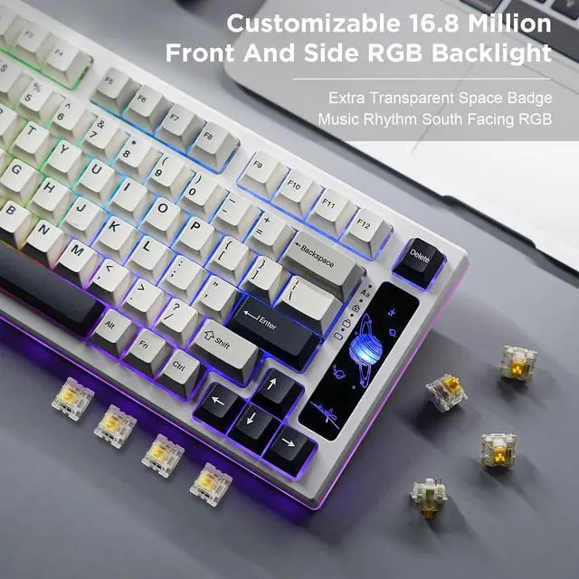 Alt view image 6 of 7 - YUNZII YZ75 75% Hot Swappable Wireless Gaming Mechanical Keyboard, RGB Backlights, BT5.0/2.4G/USB-C, Dye Sub PBT Keycaps for Linux/Win/Mac (White, Gateron G Pro Yellow)