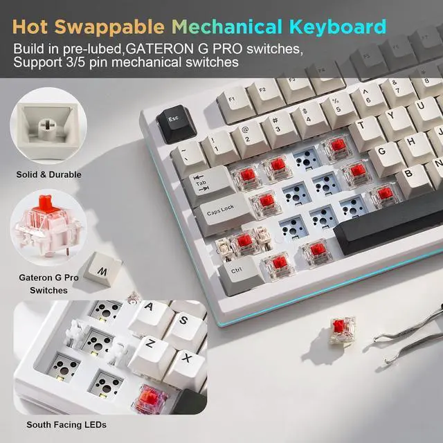 Alt view image 4 of 7 - YUNZII YZ75 75% Hot Swappable Wireless Gaming Mechanical Keyboard, RGB Backlights, BT5.0/2.4G/USB-C, Dye Sub PBT Keycaps for Linux/Win/Mac (White, Gateron G Pro Yellow)