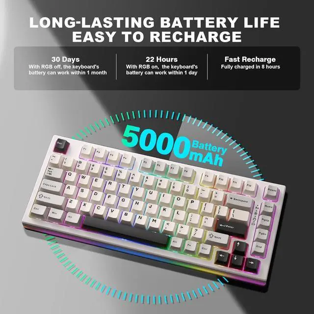 Alt view image 5 of 7 - YUNZII YZ75 75% Hot Swappable Wireless Gaming Mechanical Keyboard, RGB Backlights, BT5.0/2.4G/USB-C, Dye Sub PBT Keycaps for Linux/Win/Mac (White, Gateron G Pro Yellow)
