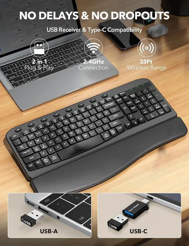 Alt view image 4 of 7 - Wireless Keyboard - Ergonomic Wave Keys, Cushioned Wrist Rest, Comfortable Natural Typing, 2.4GHz Cordless Full Size Keyboards for Multi-OS, Windows/Mac PC, Laptop - SABLUTE