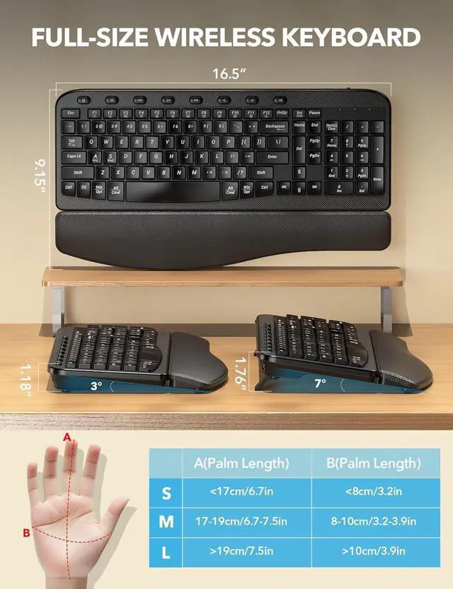 Alt view image 7 of 7 - Wireless Keyboard - Ergonomic Wave Keys, Cushioned Wrist Rest, Comfortable Natural Typing, 2.4GHz Cordless Full Size Keyboards for Multi-OS, Windows/Mac PC, Laptop - SABLUTE