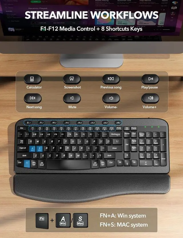 Alt view image 6 of 7 - Wireless Keyboard - Ergonomic Wave Keys, Cushioned Wrist Rest, Comfortable Natural Typing, 2.4GHz Cordless Full Size Keyboards for Multi-OS, Windows/Mac PC, Laptop - SABLUTE