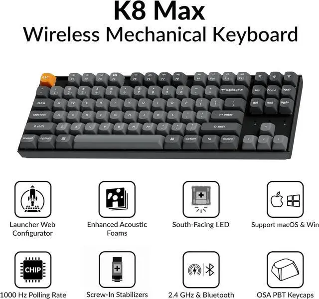 Alt view image 2 of 7 - Keychron K8 Max TKL Mechanical Keyboard Wireless, Programmable 87 Keys QMK 2.4 GHz/Bluetooth 5.1/Wired Connection, White Backlit with Keychron Super Banana Switch for Mac Win Linux