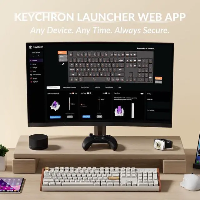 Alt view image 2 of 7 - Keychron K10 HE Full Size Custom Mechanical Gaming Keyboard, Wood Frames with RGB Hot-Swappable Hall Effect Gateron Double-Rail Magnetic Nebula Switch, 2.4 GHz/Bluetooth/Wired - Shell White