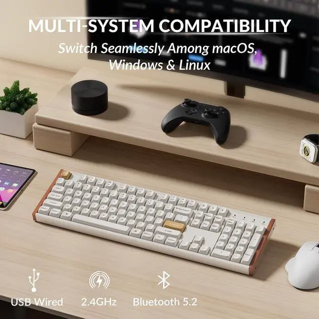 Alt view image 3 of 7 - Keychron K10 HE Full Size Custom Mechanical Gaming Keyboard, Wood Frames with RGB Hot-Swappable Hall Effect Gateron Double-Rail Magnetic Nebula Switch, 2.4 GHz/Bluetooth/Wired - Shell White