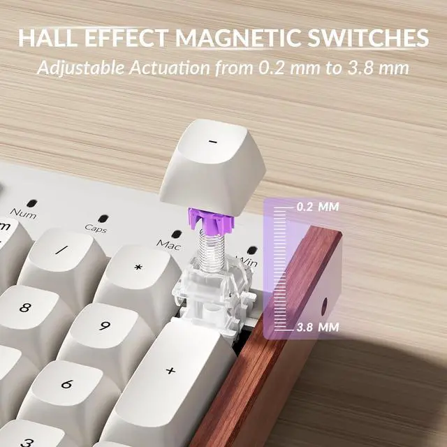 Alt view image 4 of 7 - Keychron K10 HE Full Size Custom Mechanical Gaming Keyboard, Wood Frames with RGB Hot-Swappable Hall Effect Gateron Double-Rail Magnetic Nebula Switch, 2.4 GHz/Bluetooth/Wired - Shell White