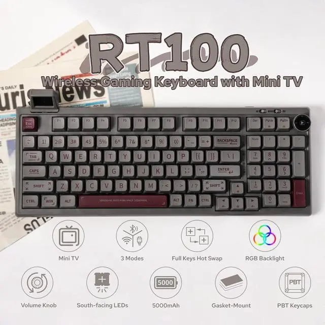 Alt view image 2 of 7 - EPOMAKER RT100 97 Keys Gasket BT5.0/2.4G/USB-C Mechanical Keyboard with Customizable Display Screen, Knob, Hot Swappable Socket, 5000mAh Battery for Win/Mac (RT100 Grey, Gateron Pro Yellow)