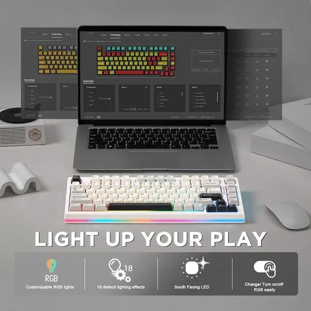 Alt view image 7 of 7 - YUNZII YZ75 75% Hot Swappable Wireless Gaming Mechanical Keyboard, RGB Backlights, BT5.0/2.4G/USB-C, Dye Sub PBT Keycaps for Linux/Win/Mac (White, Gateron G Pro Yellow)