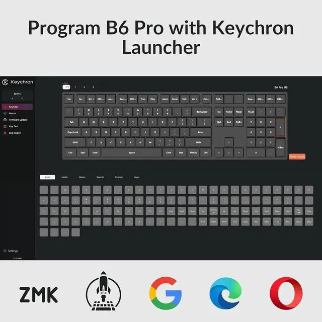 Alt view image 2 of 7 - Keychron B6 Pro Quiet Key Full Size Ultra-Slim Wireless Keyboard, ZMK Programmable Bluetooth 5.1/2.4 GHz/Wired with Ultra-Long Battery Life Low Profile for Mac Win Linux System - Retro Blue