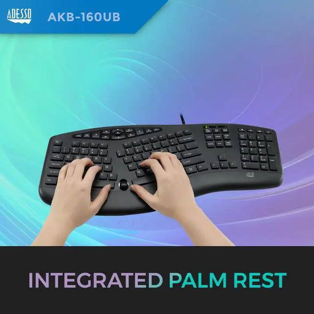 Alt view image 2 of 7 - Adesso AKB-160UB TruForm Ergonomic Desktop Keyboard, Split Key Zones, Chiclet Keycaps, Palm Rest, Wired USB Connection, Media Hotkeys, Built-in Scroll Wheel for Windows, 104-Key Layout