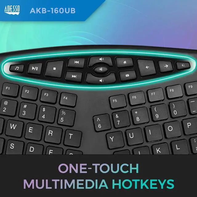 Alt view image 4 of 7 - Adesso AKB-160UB TruForm Ergonomic Desktop Keyboard, Split Key Zones, Chiclet Keycaps, Palm Rest, Wired USB Connection, Media Hotkeys, Built-in Scroll Wheel for Windows, 104-Key Layout