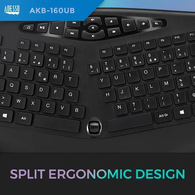 Alt view image 3 of 7 - Adesso AKB-160UB TruForm Ergonomic Desktop Keyboard, Split Key Zones, Chiclet Keycaps, Palm Rest, Wired USB Connection, Media Hotkeys, Built-in Scroll Wheel for Windows, 104-Key Layout