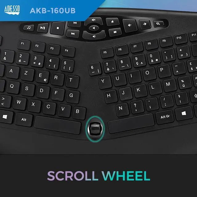 Alt view image 5 of 7 - Adesso AKB-160UB TruForm Ergonomic Desktop Keyboard, Split Key Zones, Chiclet Keycaps, Palm Rest, Wired USB Connection, Media Hotkeys, Built-in Scroll Wheel for Windows, 104-Key Layout