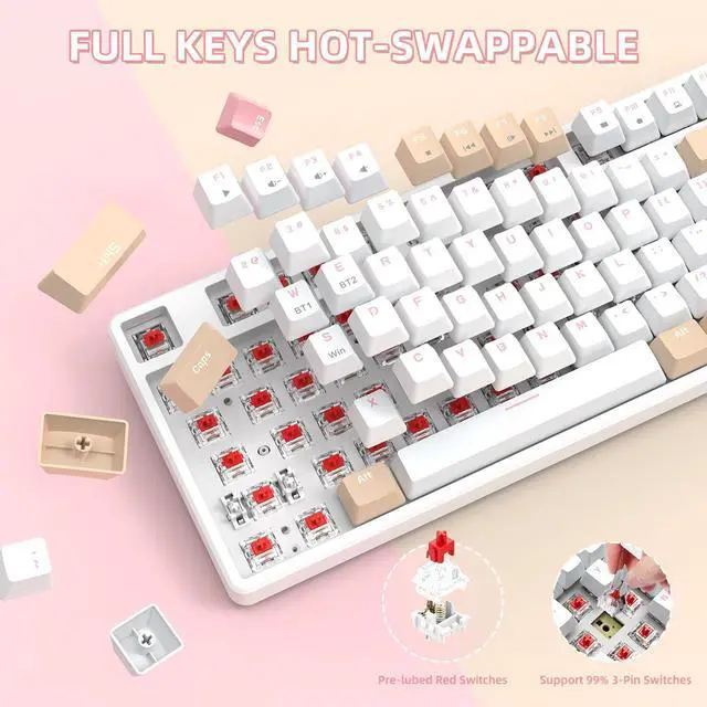 Alt view image 5 of 7 - AK871 75% Wireless Mechanical Keyboard, Bluetooth/2.4G Dual Mode, 87 Keys Compact TKL Hot Swappable Gaming Keyboard, OEM Keycaps Linear Red Switch Custom Keyboard for PC Windows Mac (Khaki & White)