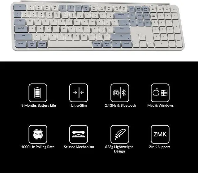 Alt view image 3 of 7 - Keychron B6 Pro Quiet Key Full Size Ultra-Slim Wireless Keyboard, ZMK Programmable Bluetooth 5.1/2.4 GHz/Wired with Ultra-Long Battery Life Low Profile for Mac Win Linux System - Retro Blue