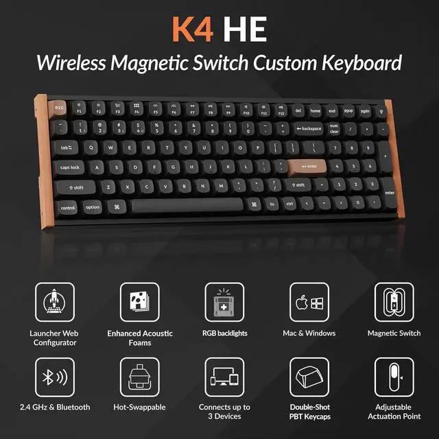 Alt view image 2 of 7 - Keychron K4 HE Custom Mechanical Gaming Keyboard, 96% Compact Layout Wood Frames with RGB Hot-Swappable Hall Effect Gateron Double-Rail Magnetic Nebula Switch, 2.4 GHz/Bluetooth/Wired - Carbon Black