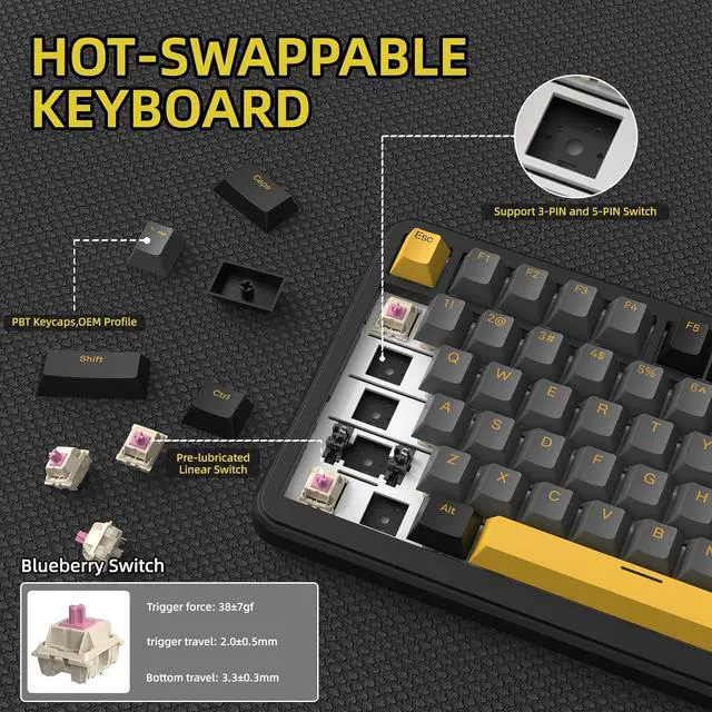 Alt view image 6 of 7 - MAGIC-REFINER ATTACK SHARK X85PRO 75% Wireless Mechanical keyboard,TFT Smart Display&Knob,BT/2.4GHz/Wired Custom Gaming Keyboard,Gasket,Hot-Swap,RGB,with Pro Cable&5 Color PBT Keycaps,for PC/MAC,Black