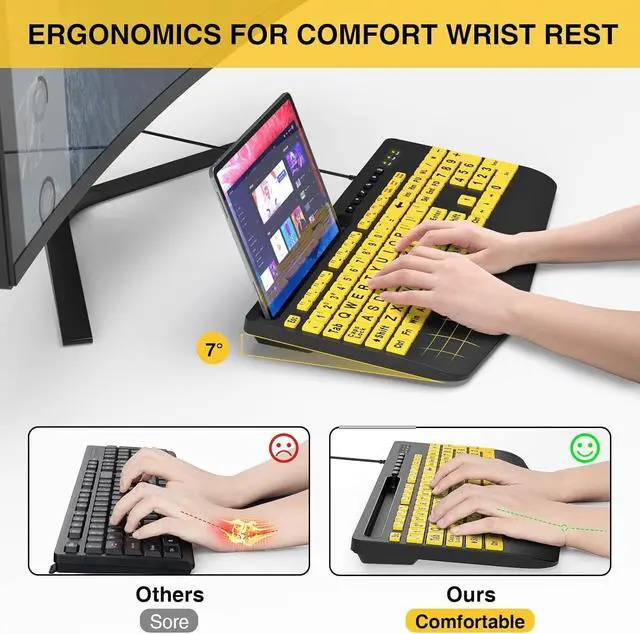 Alt view image 3 of 7 - SABLUTE Large Print Keyboard, Wired USB Computer Keyboards Oversize Letters Keys Easy to See and Type, Quiet Keyboard Compatible for PC, Laptop Visually Impaired Low Vision Yellow+Black