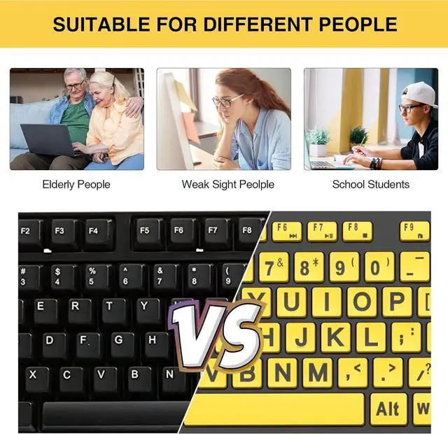 Alt view image 6 of 7 - SABLUTE Large Print Keyboard, Wired USB Computer Keyboards Oversize Letters Keys Easy to See and Type, Quiet Keyboard Compatible for PC, Laptop Visually Impaired Low Vision Yellow+Black
