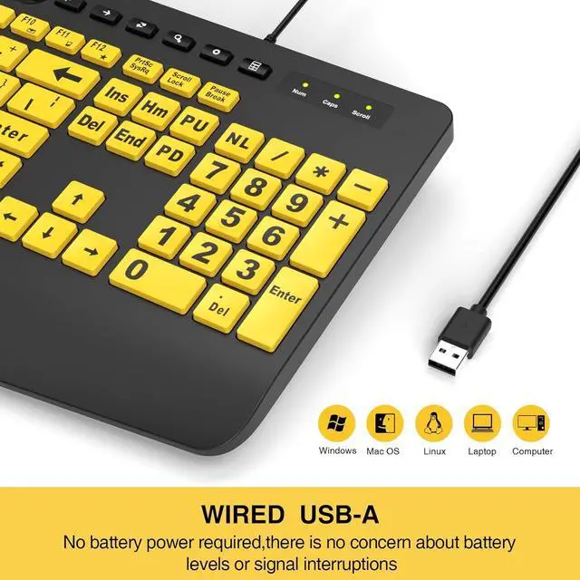 Alt view image 7 of 7 - SABLUTE Large Print Keyboard, Wired USB Computer Keyboards Oversize Letters Keys Easy to See and Type, Quiet Keyboard Compatible for PC, Laptop Visually Impaired Low Vision Yellow+Black